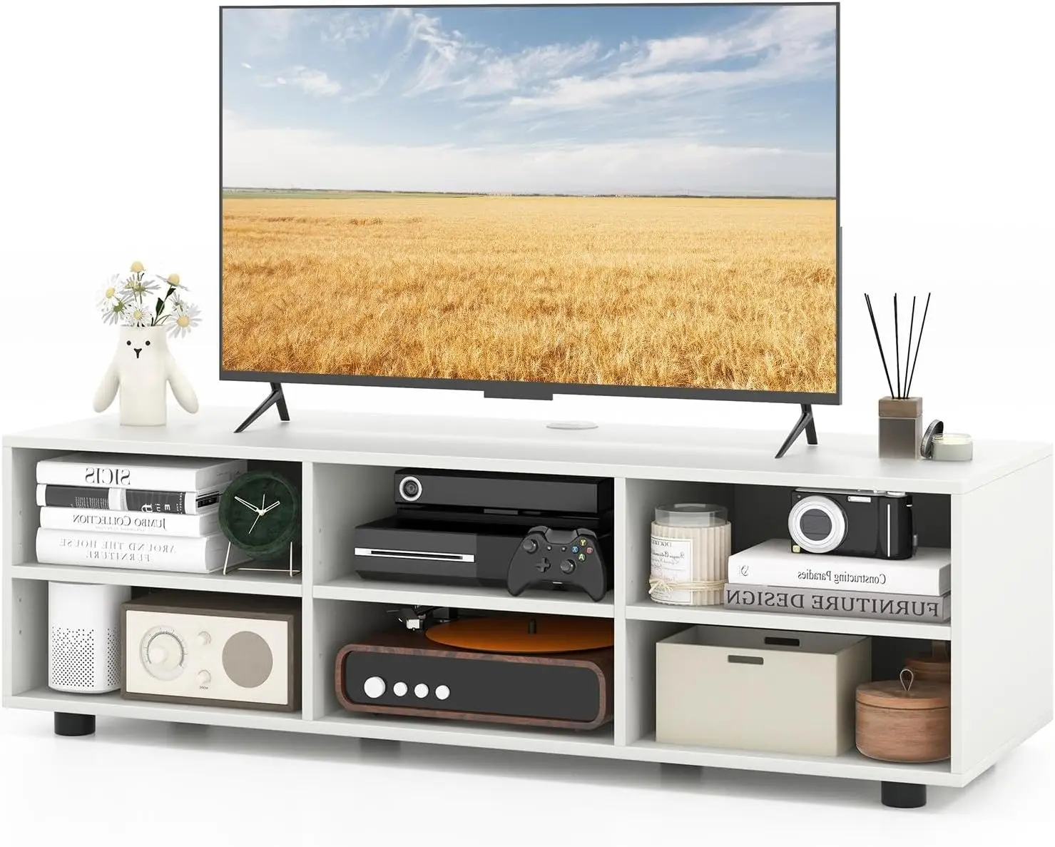 

White TV Stand. Bedroom. TV up to 55". Media Center. Storage. 5-Position Shelves. Wood Console. Living Room. 6-Cubby. 45".