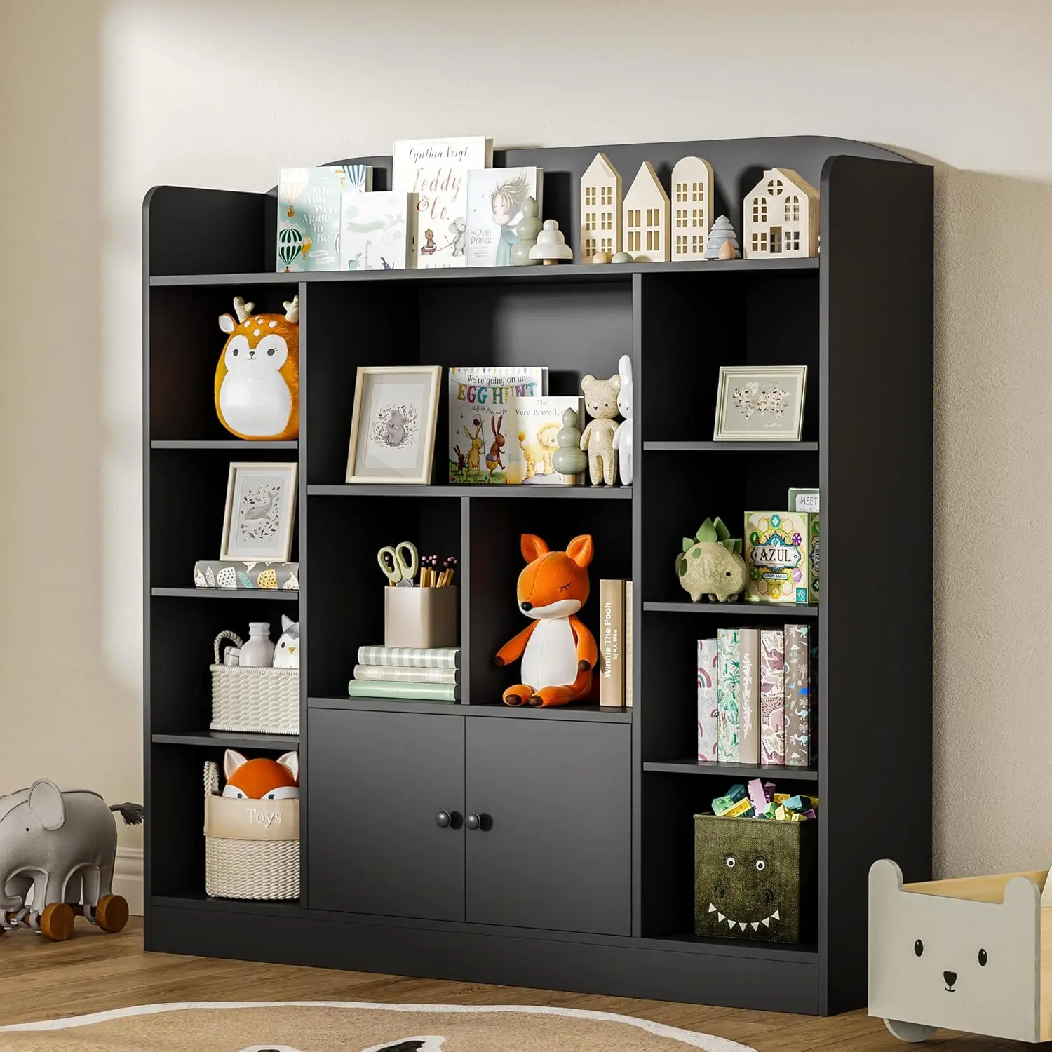 Kids Bookshelf, Kids Bookcase with 11 Cubbies and 2 Cabinets, Freestanding Book Storage Shelves for Bedroom, Playroom, Hallway