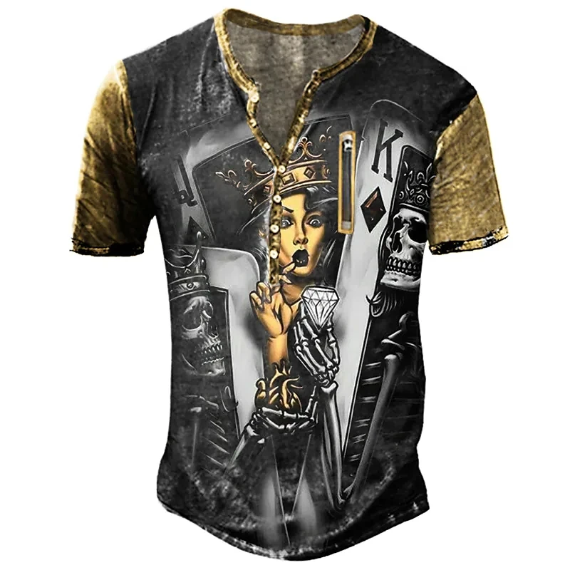 Men Punk Style Short Sleeve T-shirt Vintage Button V-neck Oversized Henley Shirt Fashion Pattern Print Tops Tee Men Streetwear