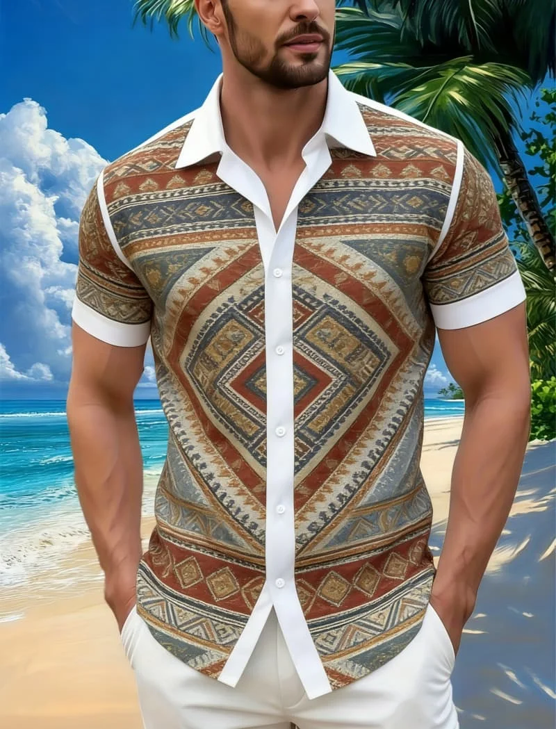

Men's Stylish Ethnic Geometric Print Short Sleeve Shirt - Tribal Cityscape Animal Print Casual Top For Beach Vacation Streetwear