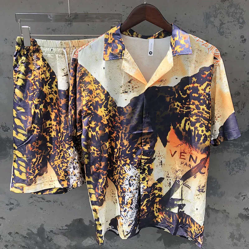 

Summer Abstract Art Print Short-sleeved Shirt Set Vintage Pattern Lapel Streetwear Shirt Suit Short Top For Men Casual Set Homme