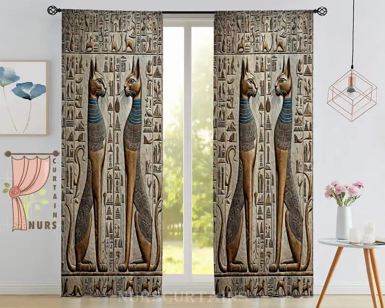 Egyptian Cat Bastet Curtain Minimal Hieroglyph Design Boho Spiritual Drapes Home Decor