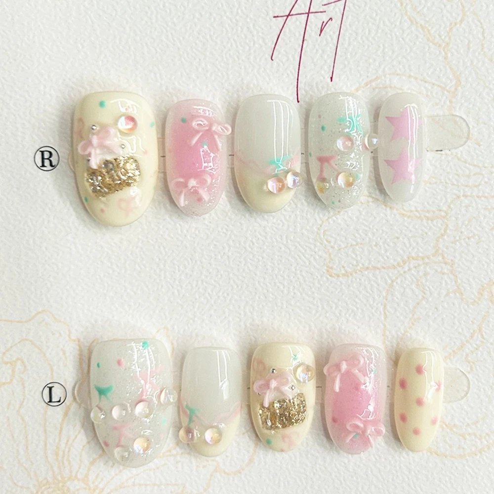 Cute Cheese Cherry Pink Handmade Press On Nails Bow Ice Cream Dreamy Hand-Painted Collection Fake Nails Removable Reusable - view 4