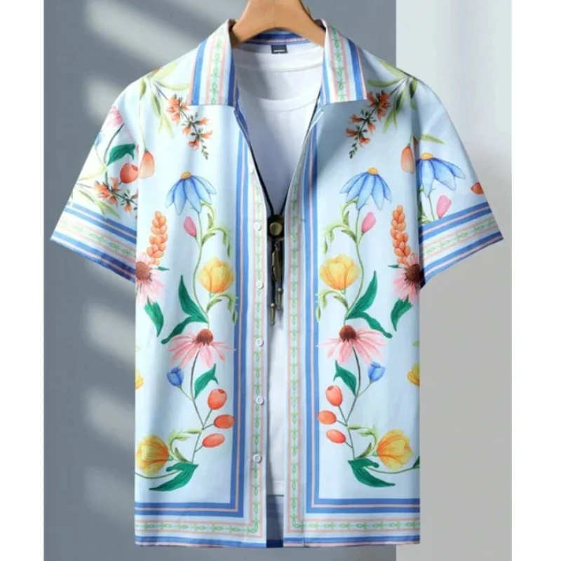 2024 New Men\'s Shirt Flower Print Ethnic Totem Style Lapel Men\'s Short Sleeve Tops Large Size Casual Men\'s Short Sleeve Shirt