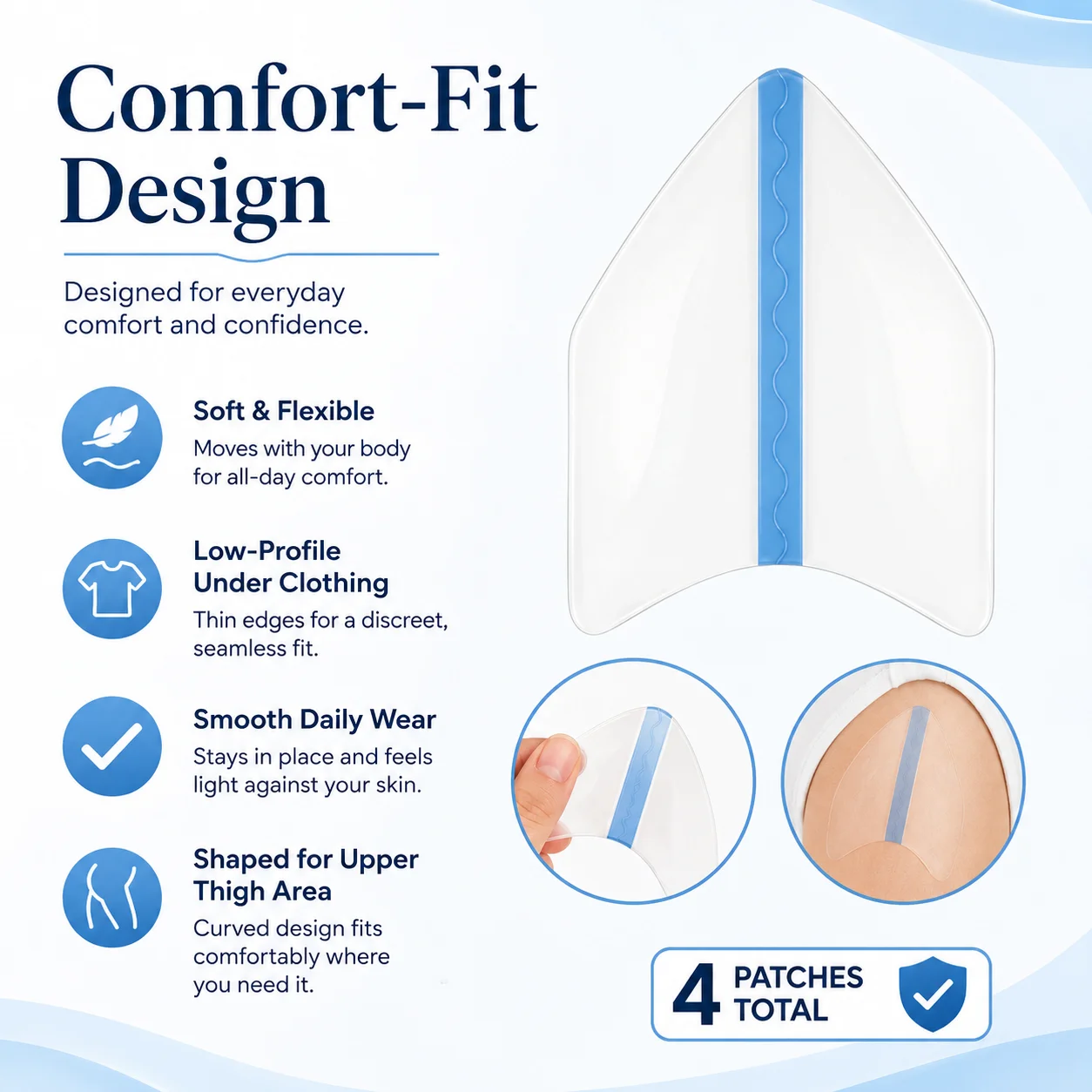 4 Pcs Thigh Comfort Patches, Soft Flexible Inner Thigh Cover Pads, Low-Profile Outfit Accessory for Dresses Skirts Shorts Travel