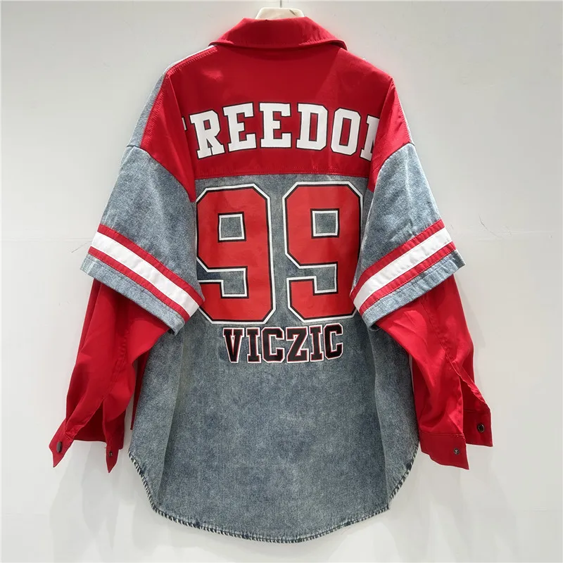 Retro Woman Denim Patchwork Shirt Jacket Numbers Letters Printed Jeans Spliced Blouse Coat Single Breasted Cowboy Cardigan Tops view 3