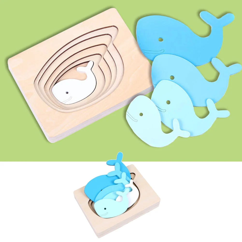 Wooden Multi-Layered Animal Puzzles Cartoon Blue Gradient Whale 3D Jigsaw Early Learning Game for Kids Children Skill Building