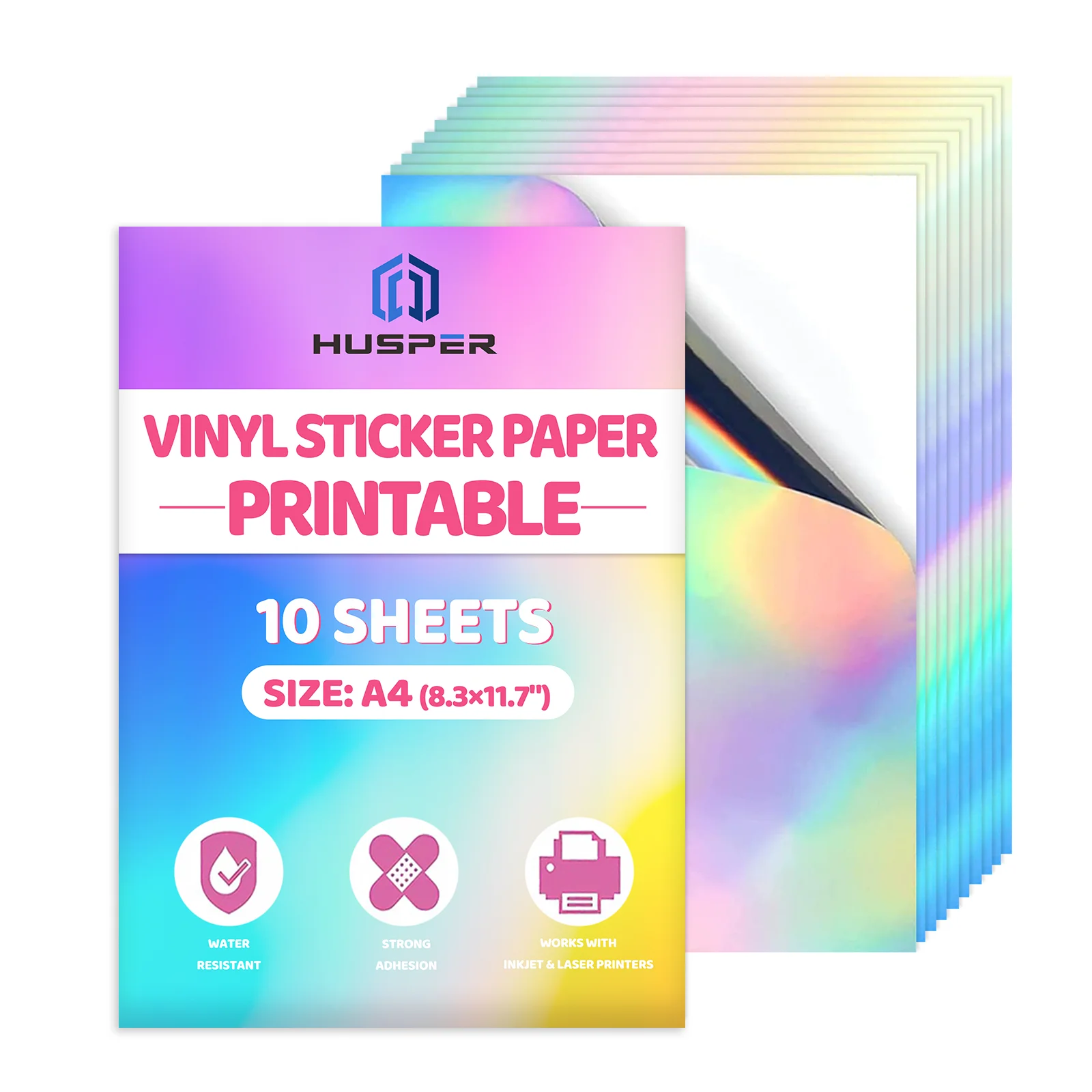 10 Sheets A4 Size Rainbow Holographic Vinyl Sticker Paper, 8.3×11.7 Inch Self-Adhesive & Waterproof Inkjet Printable Stickers