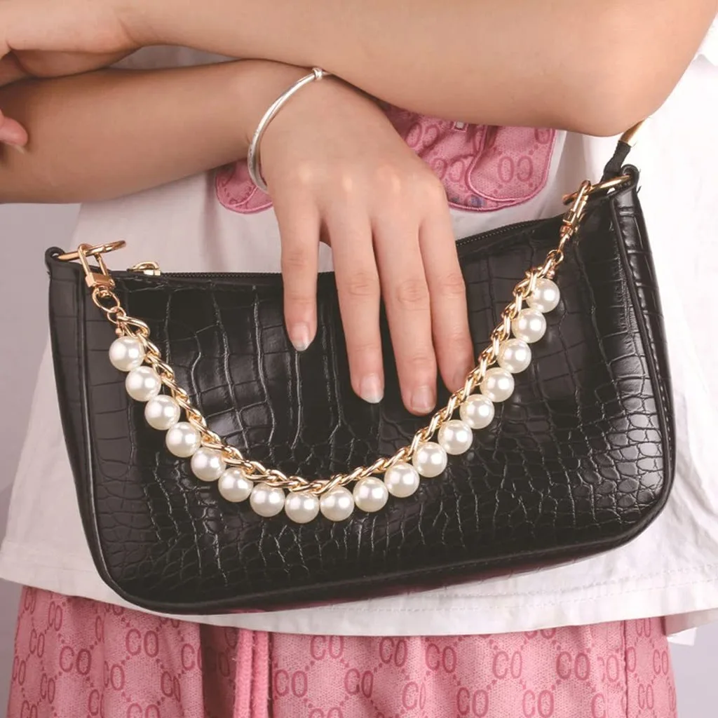 Diy Handbag Chain Sturdy Faux Pearl Metal Strap Armpit Purse Accessories Elegant Replacement Shoulder Strap For Daily Travel