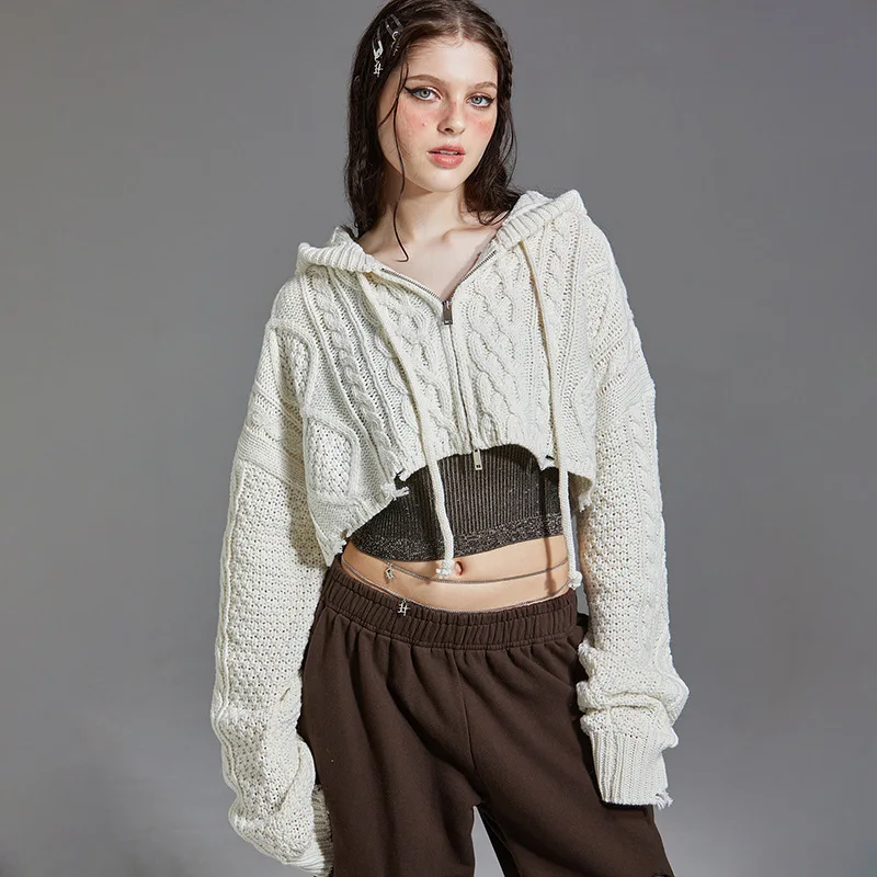 American street spice twist knitted loose wool sweater women's new hooded long-sleeved casual zipper coat