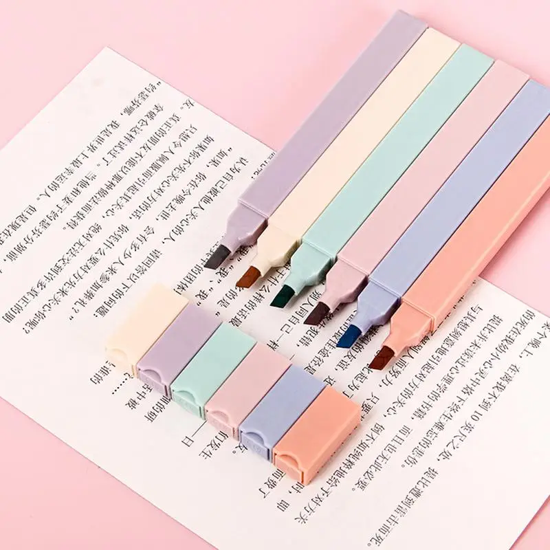 6Pcs Soft Tip Fluorescerende Marker Pen Kawaii Markeerstift Diy Hand Account Tekening Morandi Kleur Pen Student Briefpapier Gift