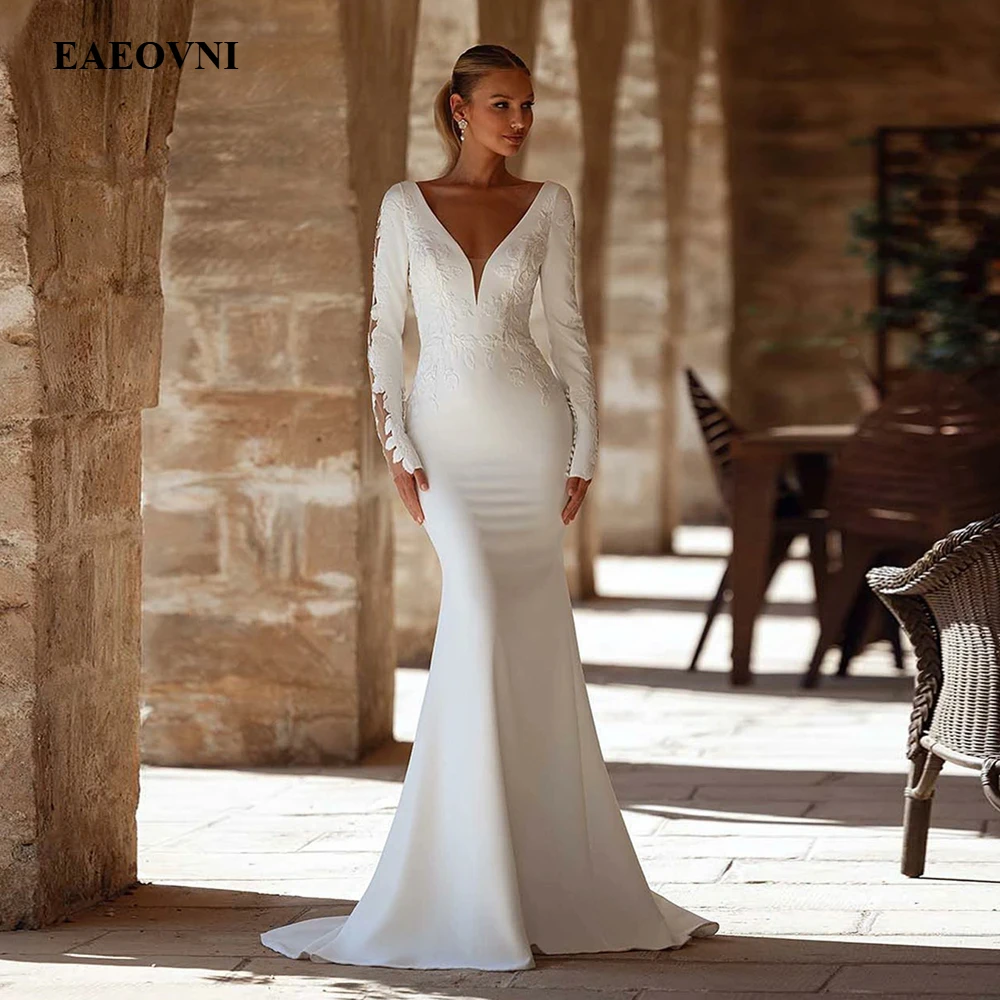 

Graceful V-Neck Mermaid Satin Wedding Dresses Long Sleeves Lace Appliques Bridal Gowns Sexy Backless Wedding Dress Customize