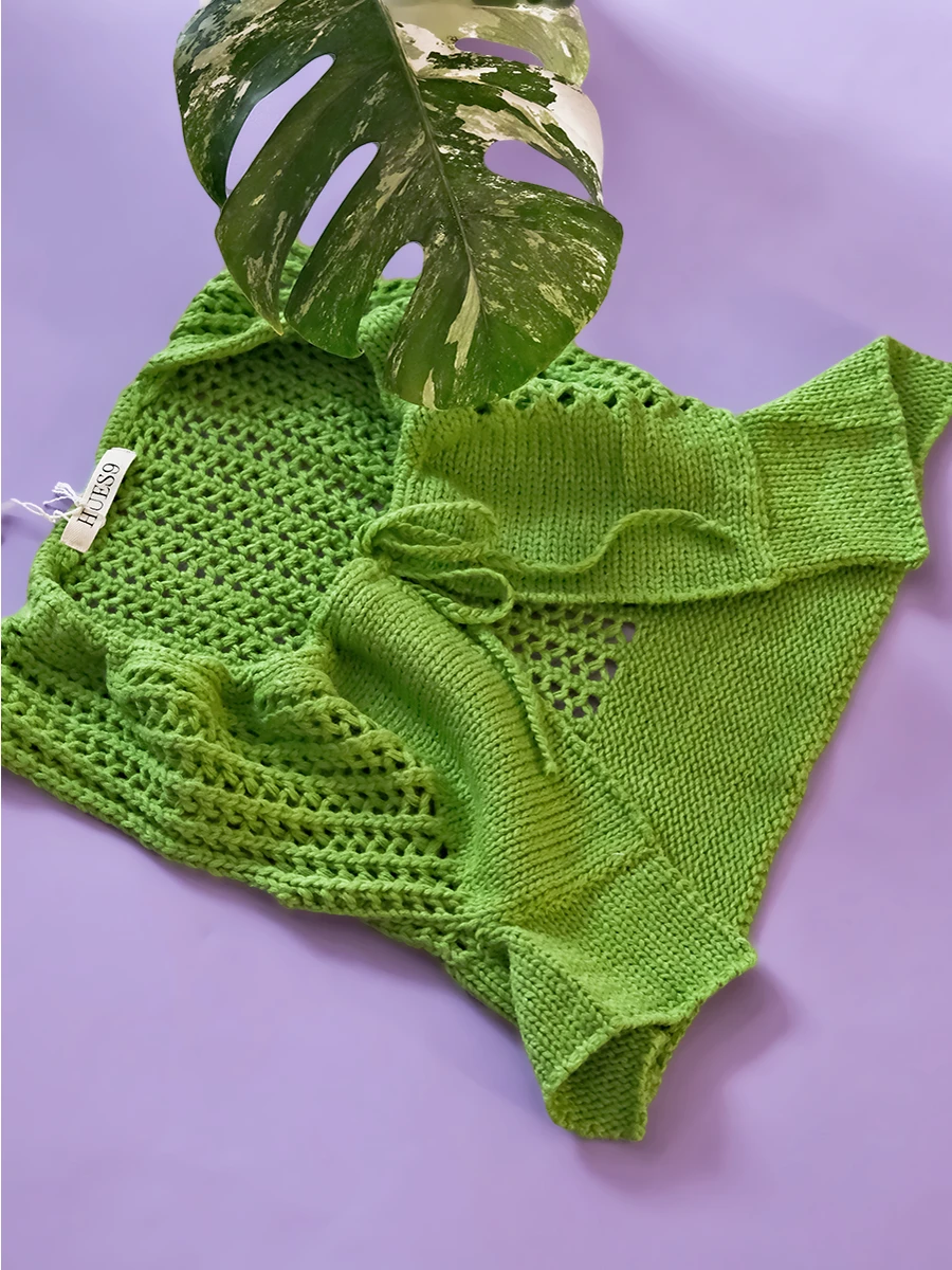 

Avocado Pattern Open Cardigan Sweater with Dstring ort Sle Fitted Women's Vest Trendy Hollow out Design Holiday Sle