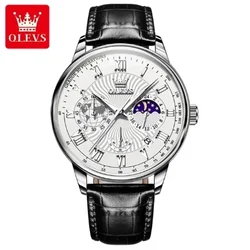 OLEVS-Montre à quartz étanche avec bracelet en cuir pour homme, calendrier Shoe, chronométrage, phase de lune, grande montre décontractée, marque supérieure