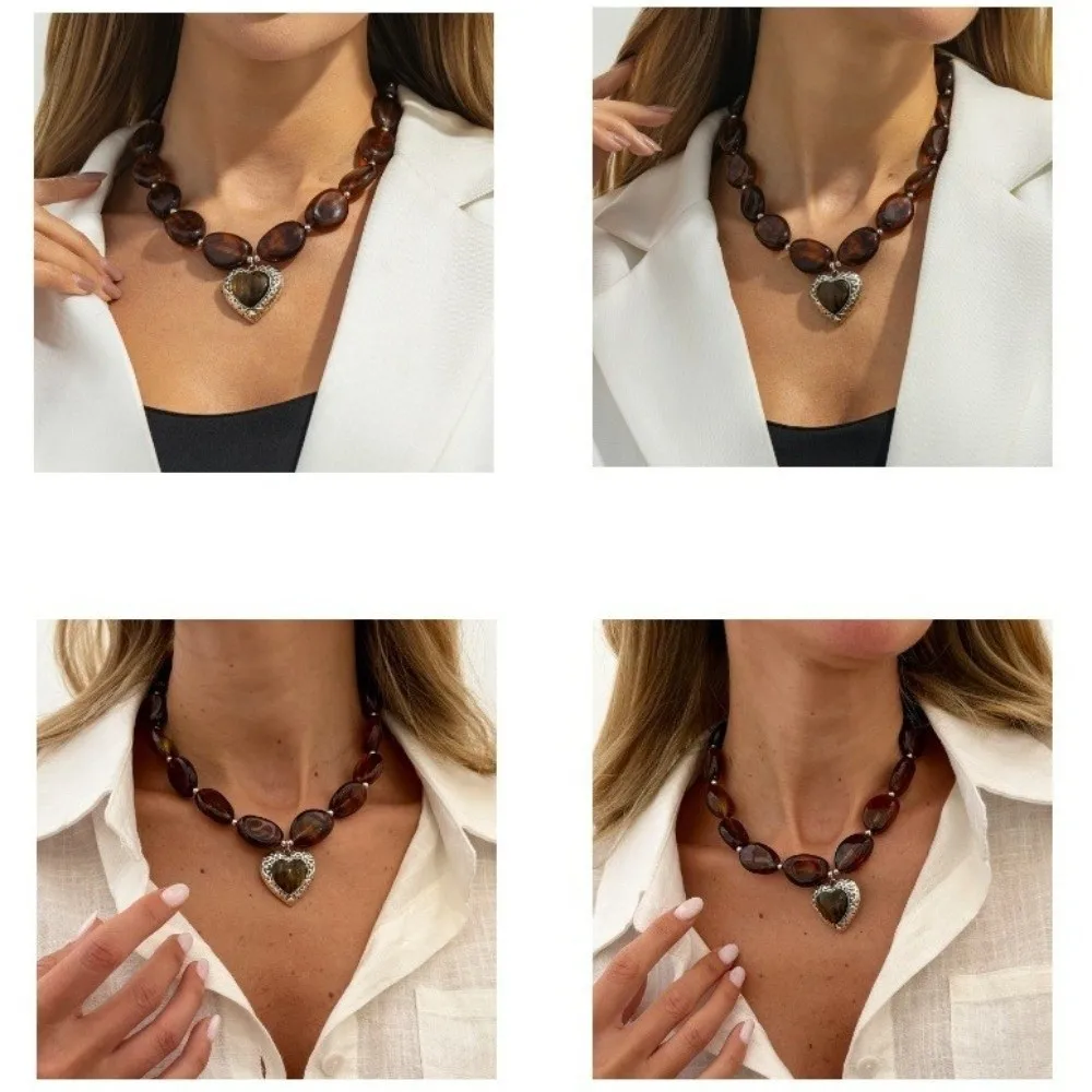 Fashionable Amber Color Heart Pendant Exaggerated Versatile Clavicle Chain Beaded Choker Jewelry Gifts