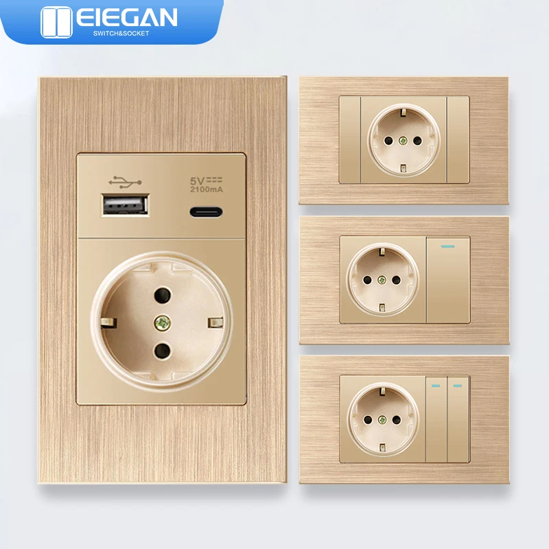 

ELEGAN Italy EU Chile Wall Power Socket Switch Fast Charging Type-c 5V 2100mA TV TEL Power Socket Gold Aluminium Brushed Panel