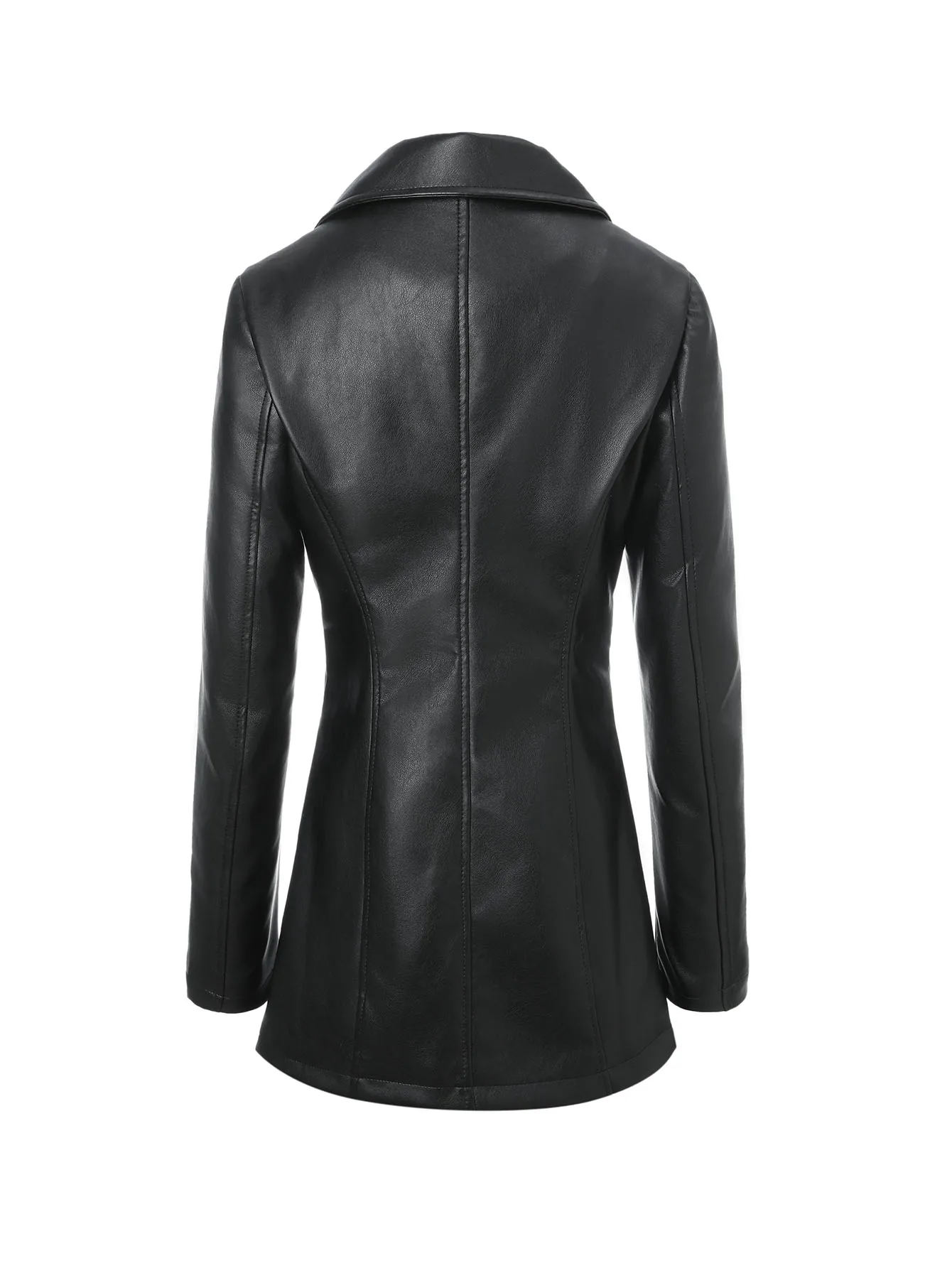 ​ ​   سترة نسائية من البولي يوريثان ذات درزات خلفية مركزية - ياقة مدنية وأزرار بلاستيكية ثلاثية |     جلد صناعي بقصة نحيفة |     أسود |     ربيع الخريف والشتاء