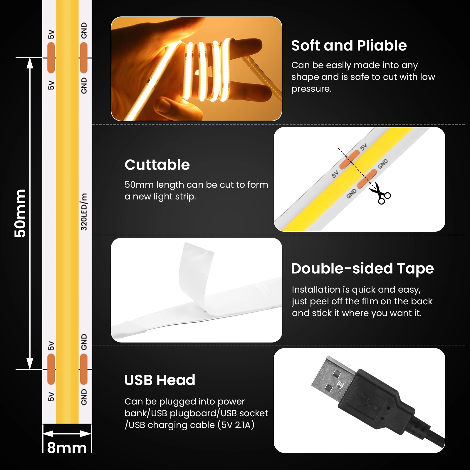 DC 5 В USB COB Strip 320 светодиодов/M PCB 8 мм Белый/Ледяной синий/Розовый/Желтый/Розовый/Красный Гибкая лента Веревка Ночная лампа Подсветка телевизора Светодиодная лента