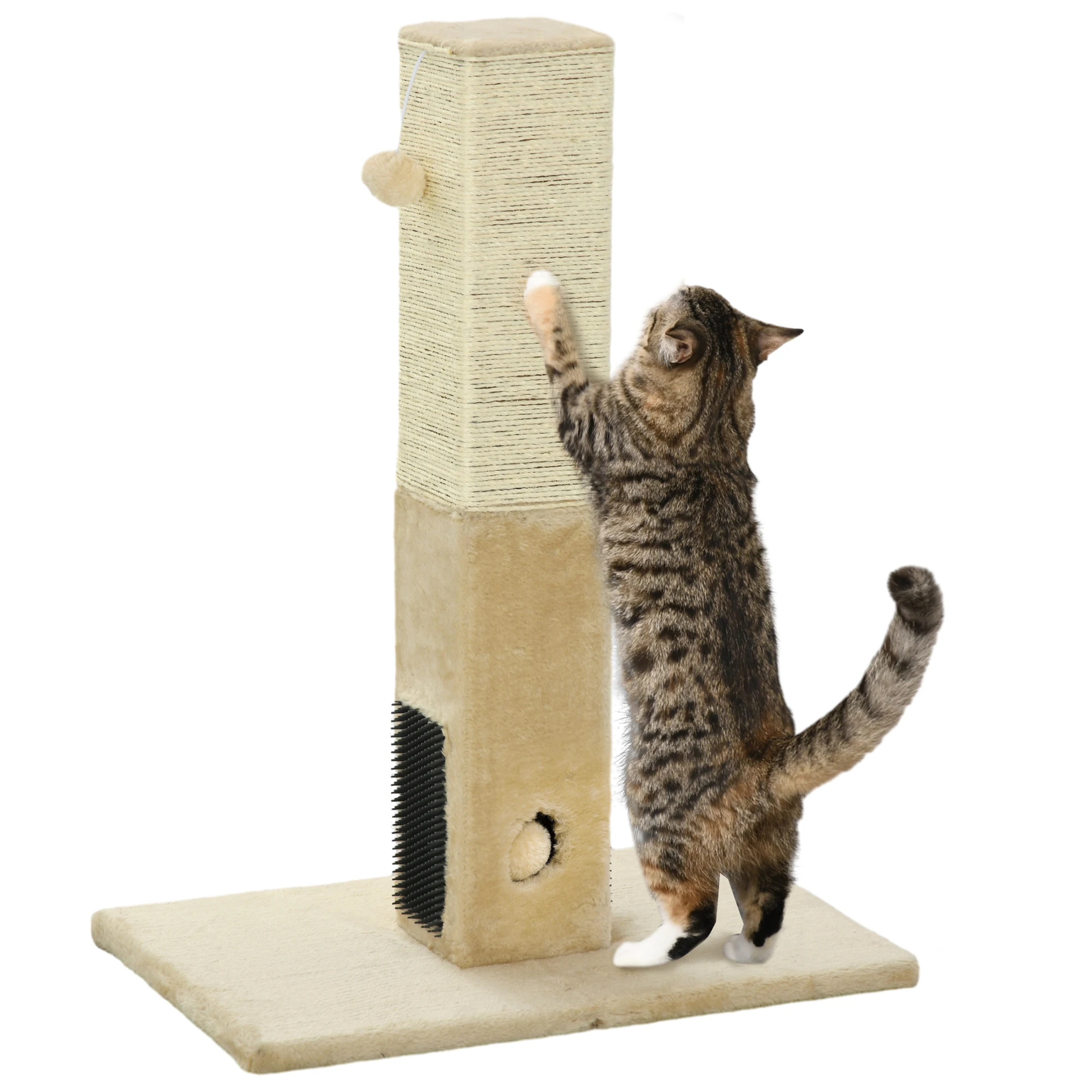 PawHut kattenkrabpaal 79 cm, kattenboom met hangende bal en een Bell Ball, 2 verzorgingsborstels, beige, crème