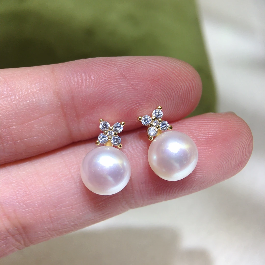 

Freshwater Pearl Earrings Classic Four Leaf Clover Design Zircon Inlay 8-9mm Bread Beads Versatile Minimalist Gift For Woman