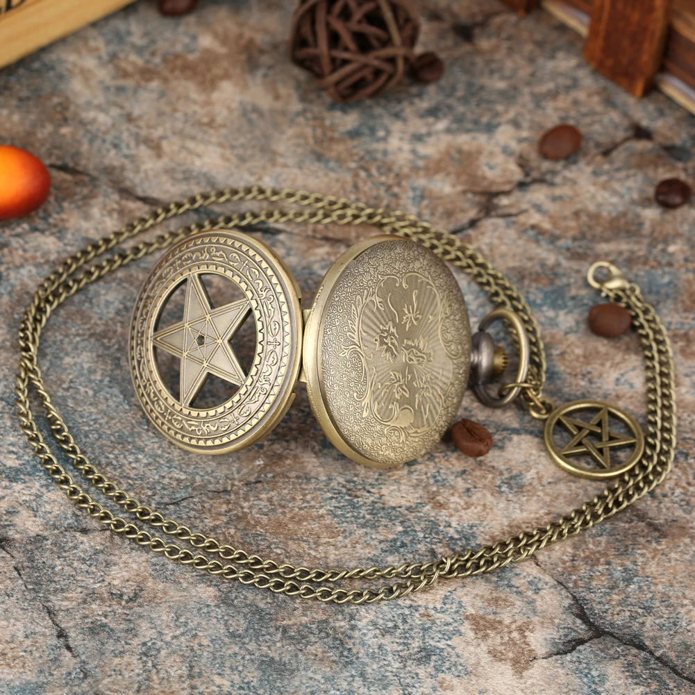 Bronze Hollow Star Pattern Quartz Analog Pocket Watch Men Women Retro Necklace Chain Pendant Pocket Timepiece Gifts Unisex