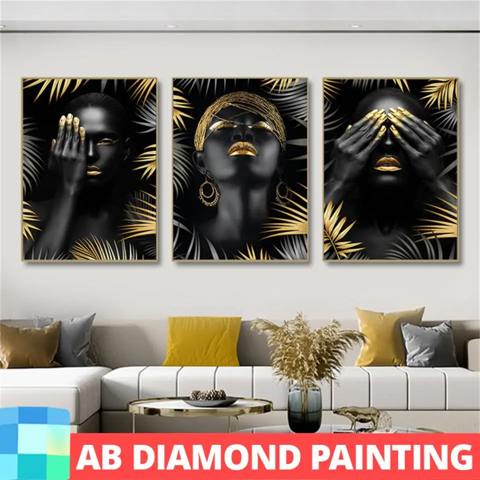 DIY Diamond Painting African Woman Black Gold Leaves 5D AB Drill Mosaic Full Picture Modern Figure Wall Art Home Decor Gift