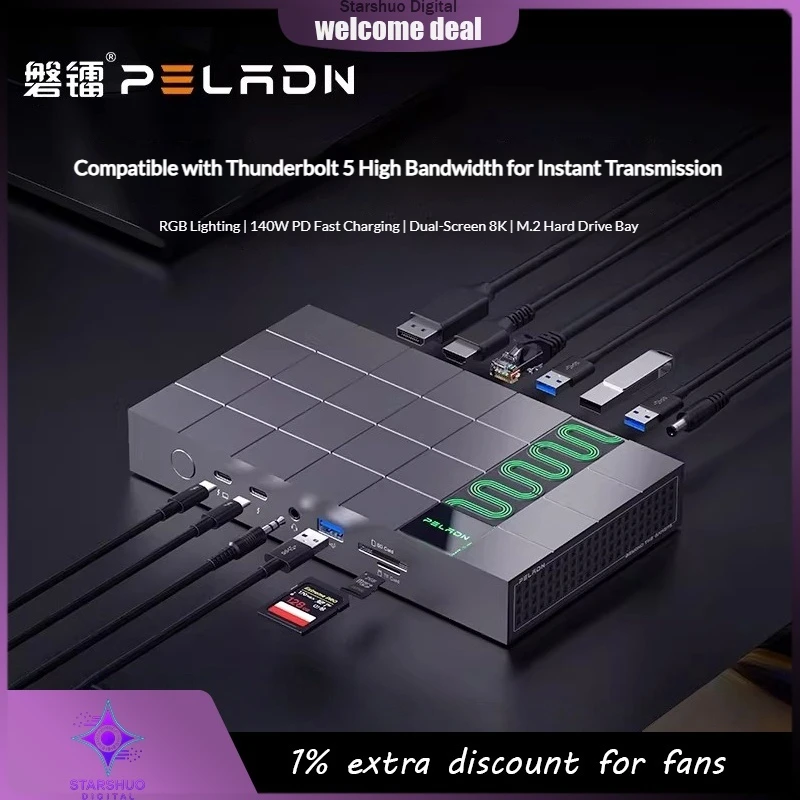 

PELADN Link G2E External Docking Station Thunderbolt5 Compatible 13-in-1 Dual 8K 140W Fast Charging Supports 3 screen Connection