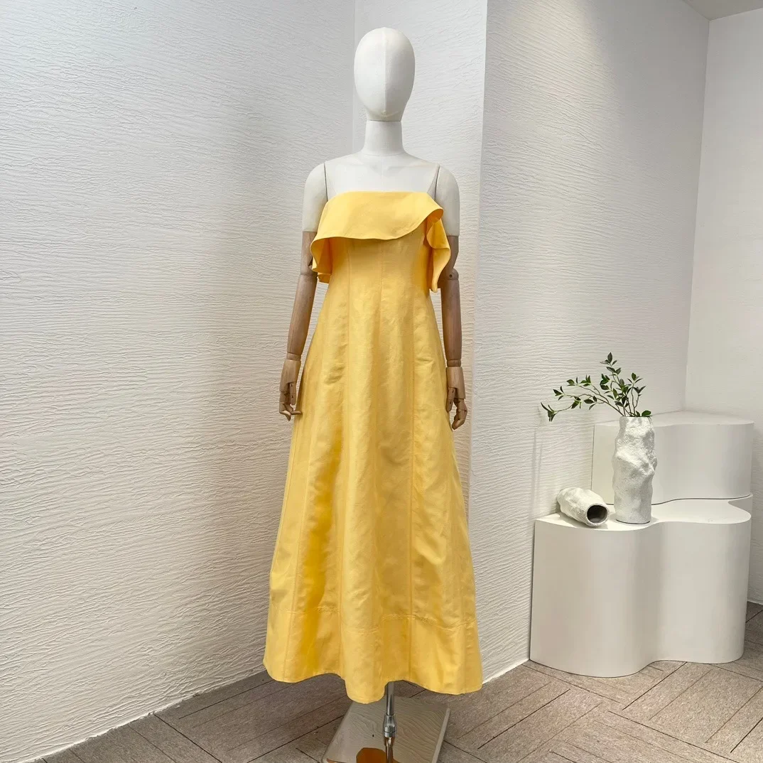 2024 Spring Yellow Pink Ruffles Sleeveless Midi Dress