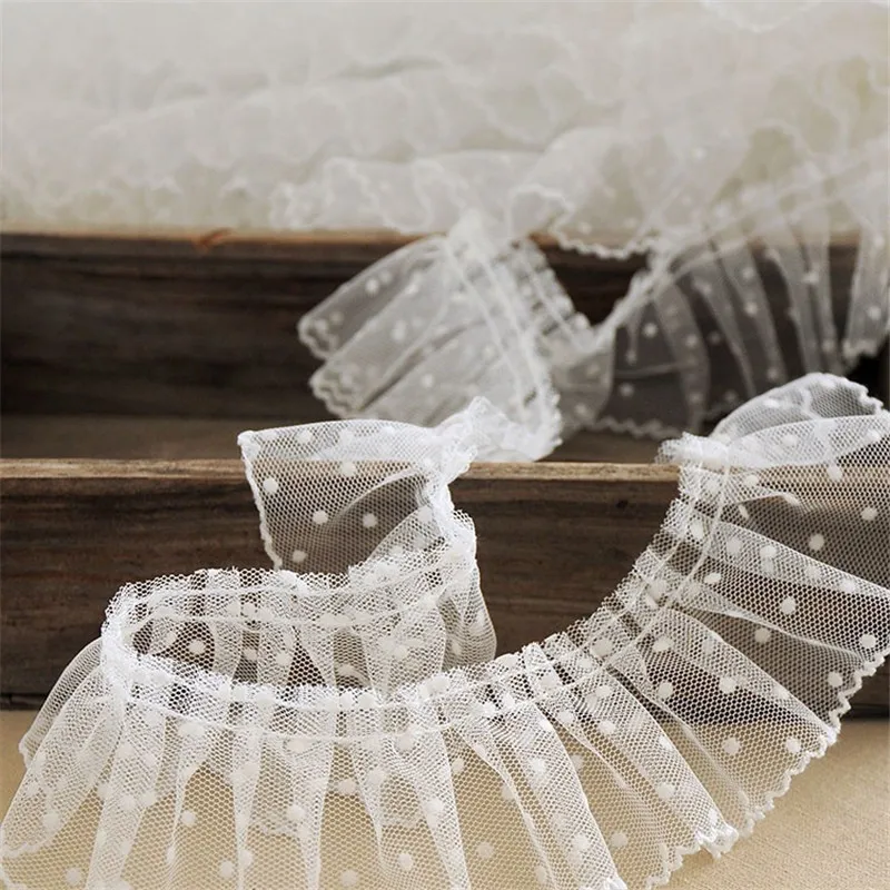 

6CM Wide Tulle Polka Dot Mesh 3d Pleated Lace Fabric Frilled Embroidery Collar Neckline Ruffle Trim Cloth Skirts Hemlines Decor