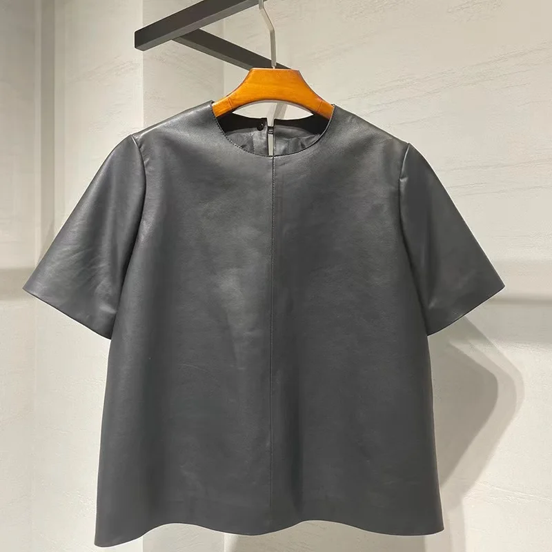 Tops de cuero genuino para mujer, camisas de manga corta recta con cuello redondo, Blusas finas de ante, primavera y verano, 2023