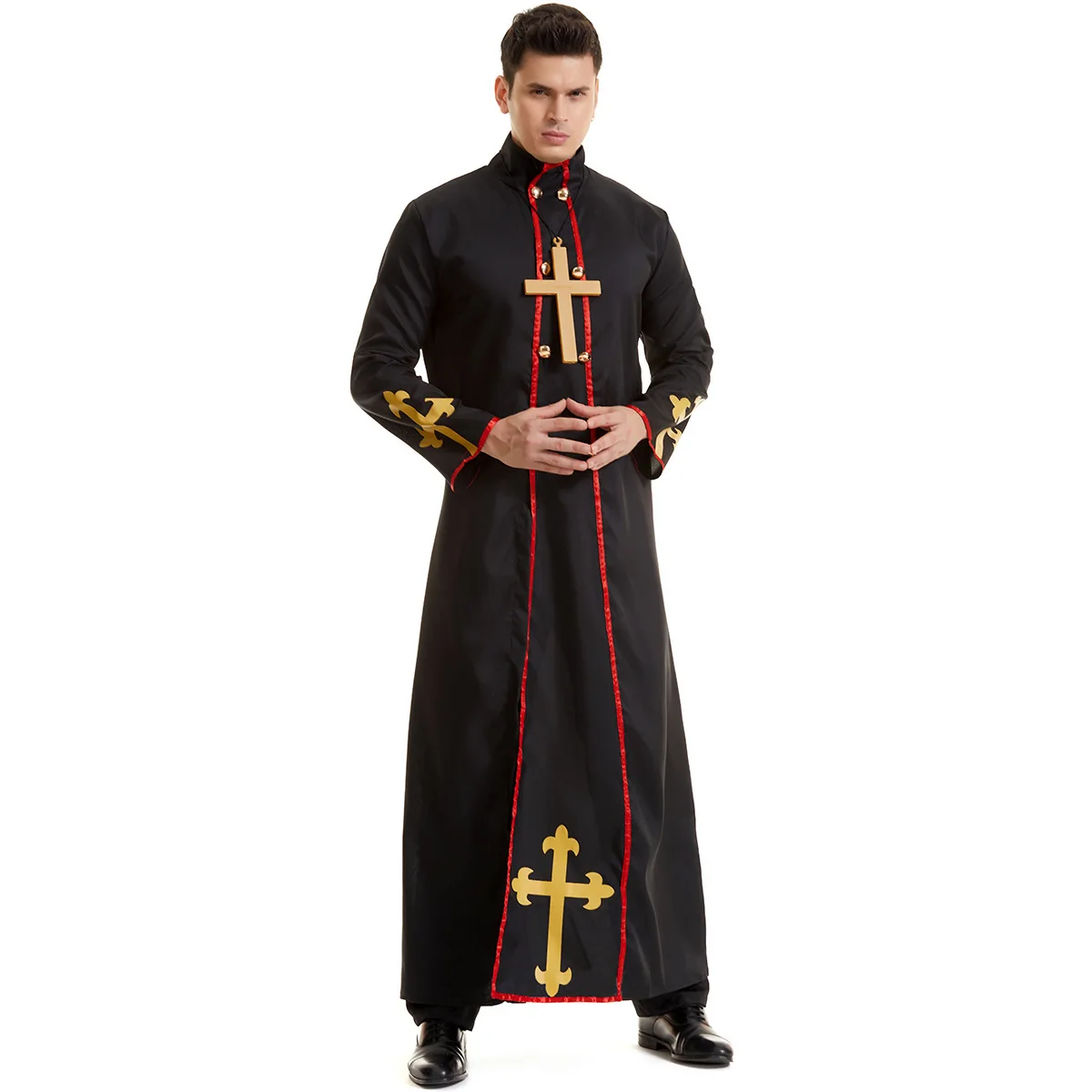 Disfraz Medieval de Pastor religioso para hombre, traje de Cosplay de padre, túnica negra Noble, sacerdote, fiesta de Halloween, Purim, Mardi Gras, vestido elegante