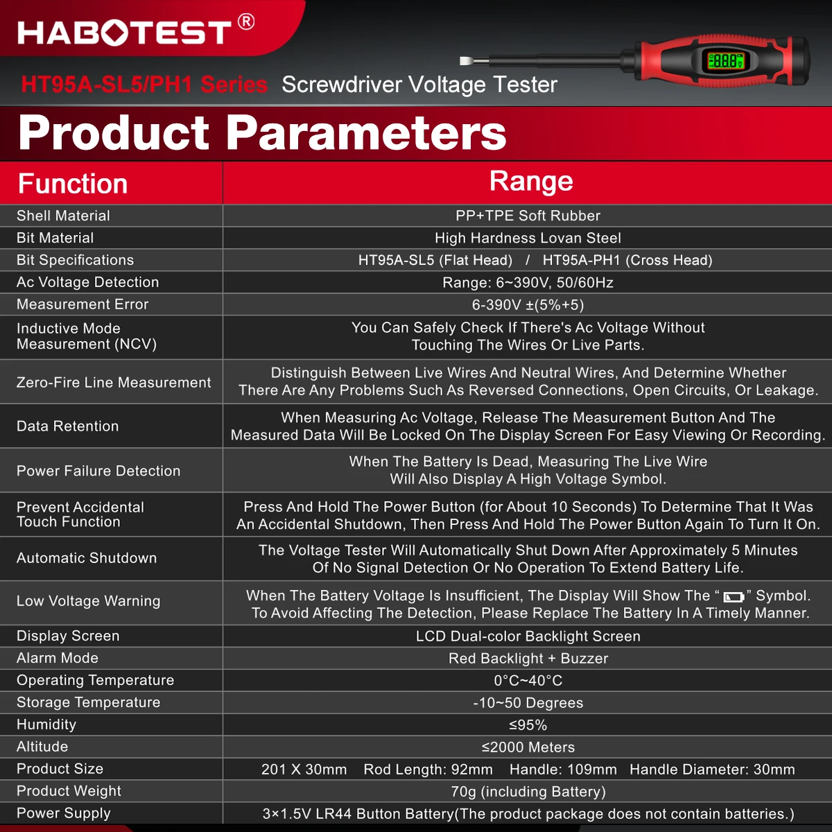 HABOTEST Digitaler Spannungsprüfer Schraubendreher 6-390V AC NCV Berührungsloser Detektor für Spannungs- und Neutralleiter Prüfstift Werkzeug HT95A-SL5 – Detail 2