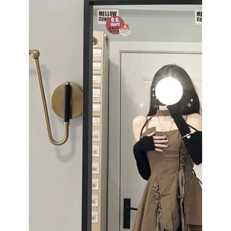 

Xgoth Brown Susp Dr Women 2024 Summer New French Sle Cleanfit H Version Linen Material Tee-quarter Sve Ciwalk