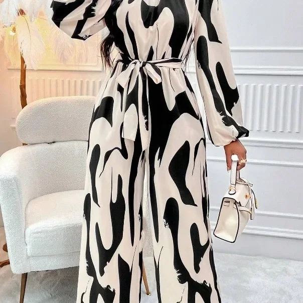 

Темпераментный принт, широкие брюки с высоким воротом и длинными рукавами, повседневный комбинезон на шнуровке Y2k, женский весенний новый модный комбинезон для всего тела