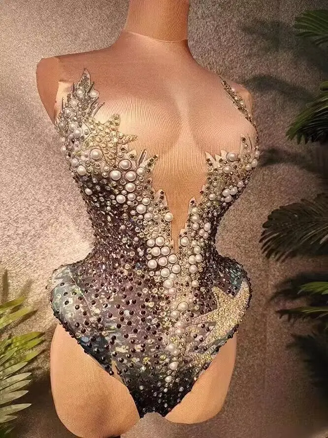 Sparkly Pearls Rhinestones Leotard Dance Costume Stage Wear Performance Show Nightclub Outfit Sexy Crystals Bodysuit