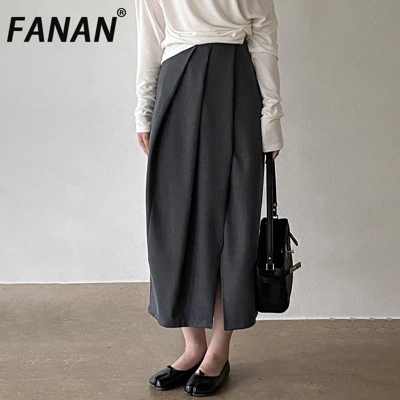 FANAN Women High Waist Pleated Midi Skirt Front Split Draped Design Loose Solid Gray Casual Office Long Skirt Autumn New