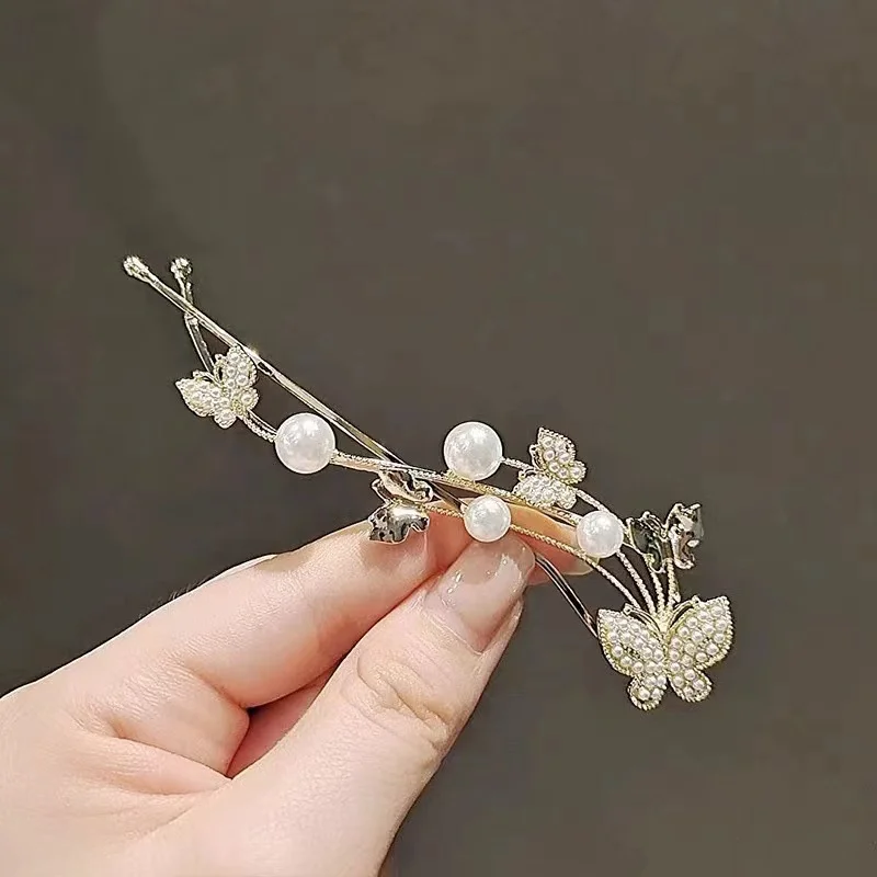 مشبك شعر من قطعة واحدة على شكل فراشة لؤلؤية على الطراز القديم، مشبك شعر لؤلؤي إبداعي ولطيف، شعر منحني ذهبي عتيق