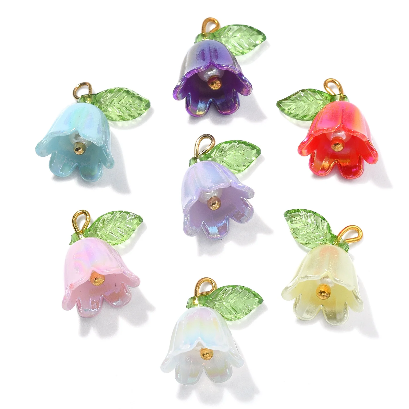 30Pcs Random Resin Bell Orchid Charms with Imitated Pearl Acrylic Beads Lily of the Valley Flower Charms for Jewelry Making