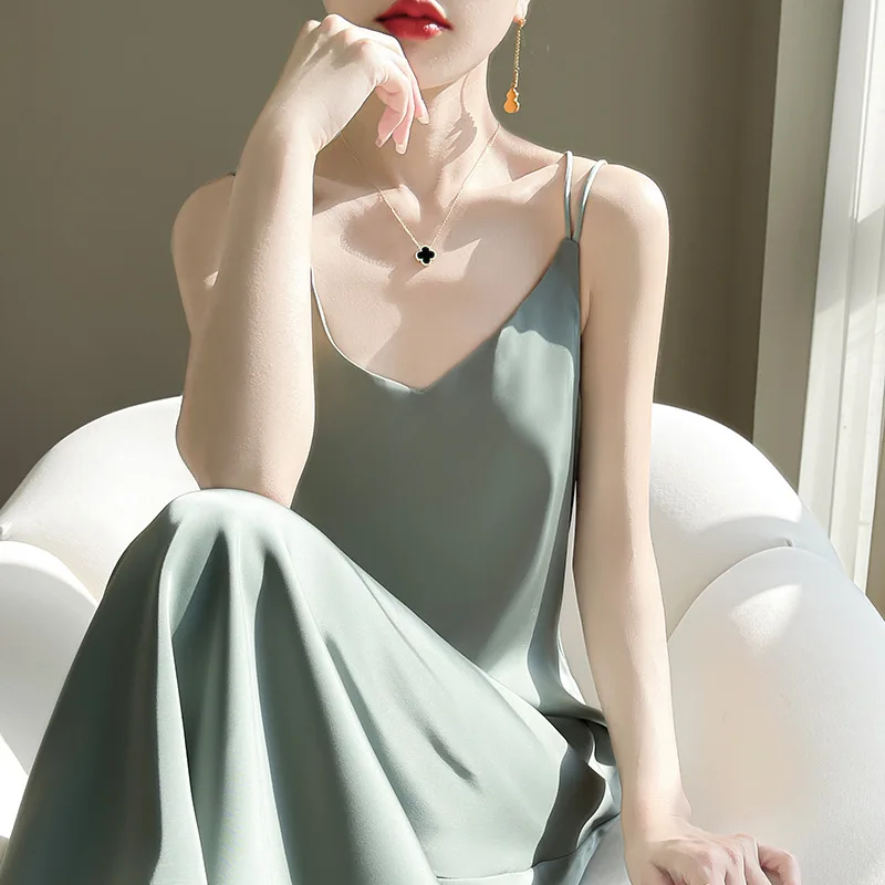 

Silk Simulation Three-acetate Strap Dress Women Summer Loose Inner Long Skirt Design Fairy Satin Surface mid Waist Short Sleeve
