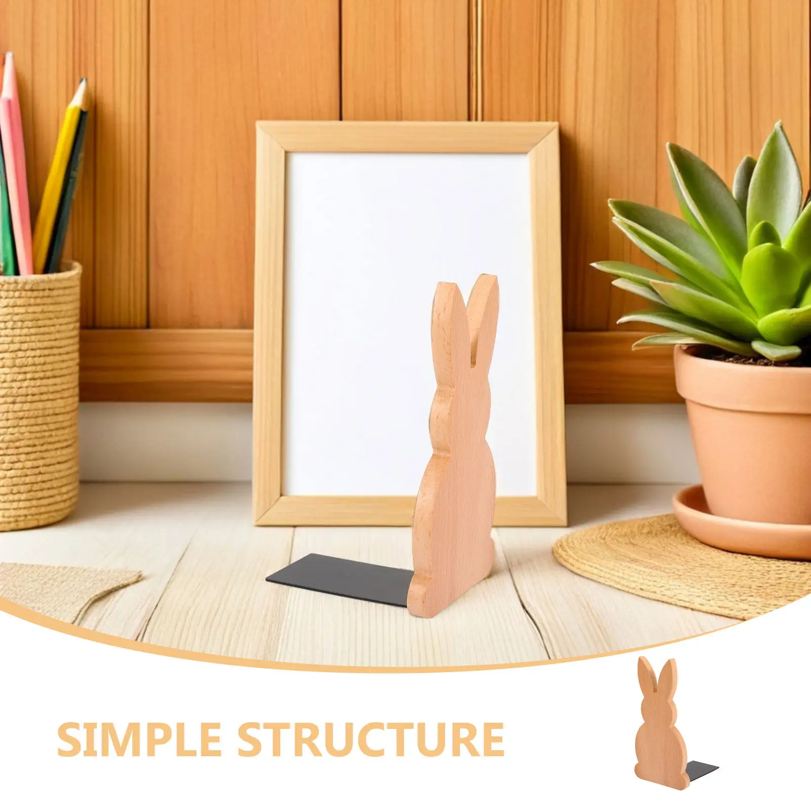 2Pcs Wooden Rabbit Bookends Creative Desktop Book Holder Non-Slip Base Bookshelf Organizer Home Office Study Desk Decor