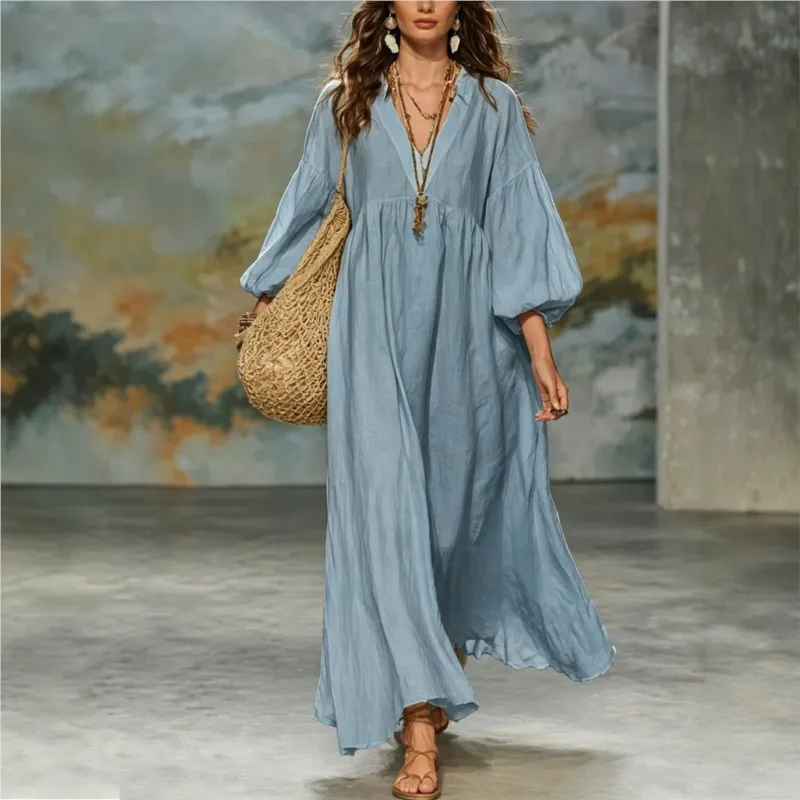 Autumn Lazy Style Boho Dress Women's Cotton Linen Deep V Neck New Lantern Sleeves Loose Beach Vacation Maxi Dresses For Women