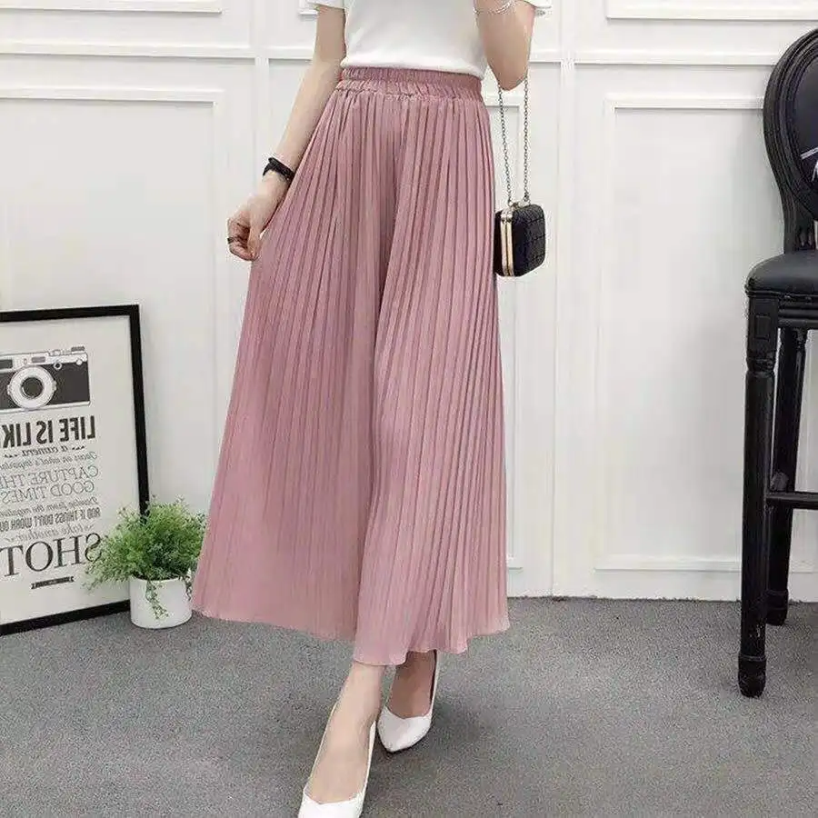 Women's Pleated Wide Leg Pants Spring Summer New Loose Chiffon Casual Flared Nine Points High Waist Ladies Trousers