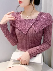 Fashion T Shirts Female Slim Tops New Long Sleeve Spliced Sequined Irregular Round Collar T-shirt Spring Autumn