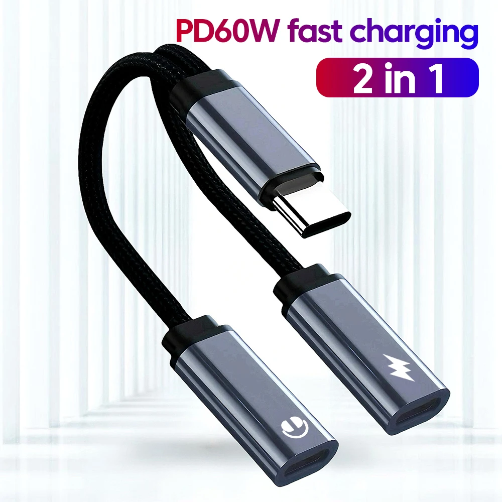 2-in-1 نوع C سماعة محول الصوت PD60W شحن سريع USB C محول كابل محول آيفون 15 16 سامسونج اللوحي المحمول