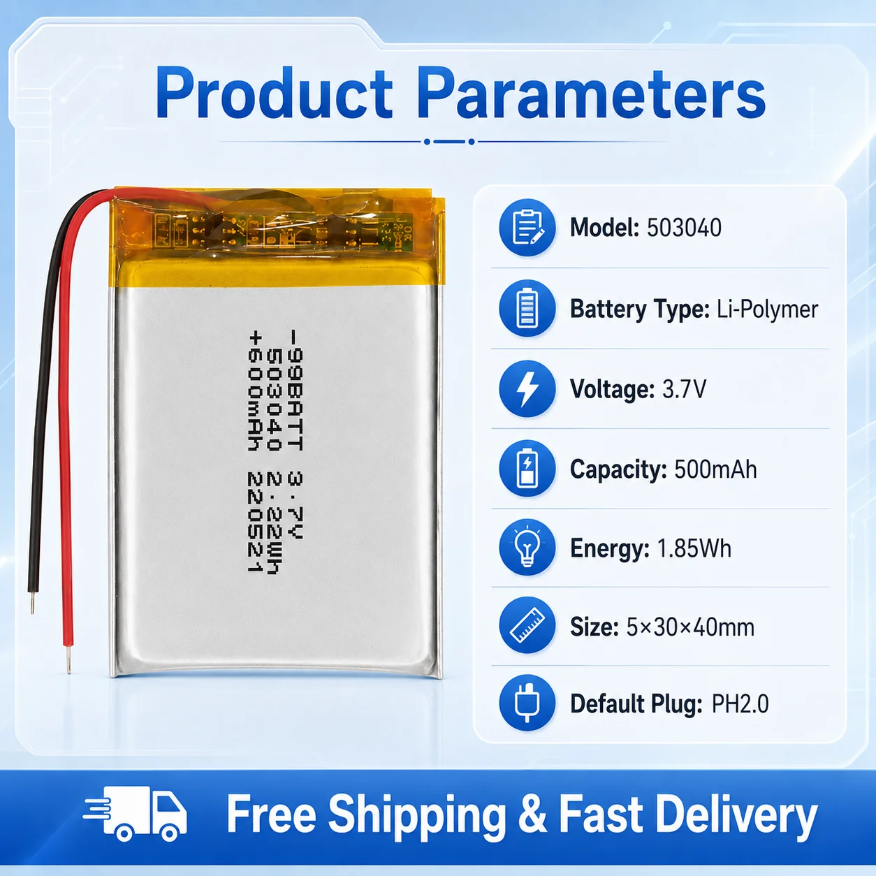 3.7V 500mAh 503040 LiPo Rechargeable Battery PH2.0 Connector for Small Electronics DIY Projects Beauty Device GPS Positioning