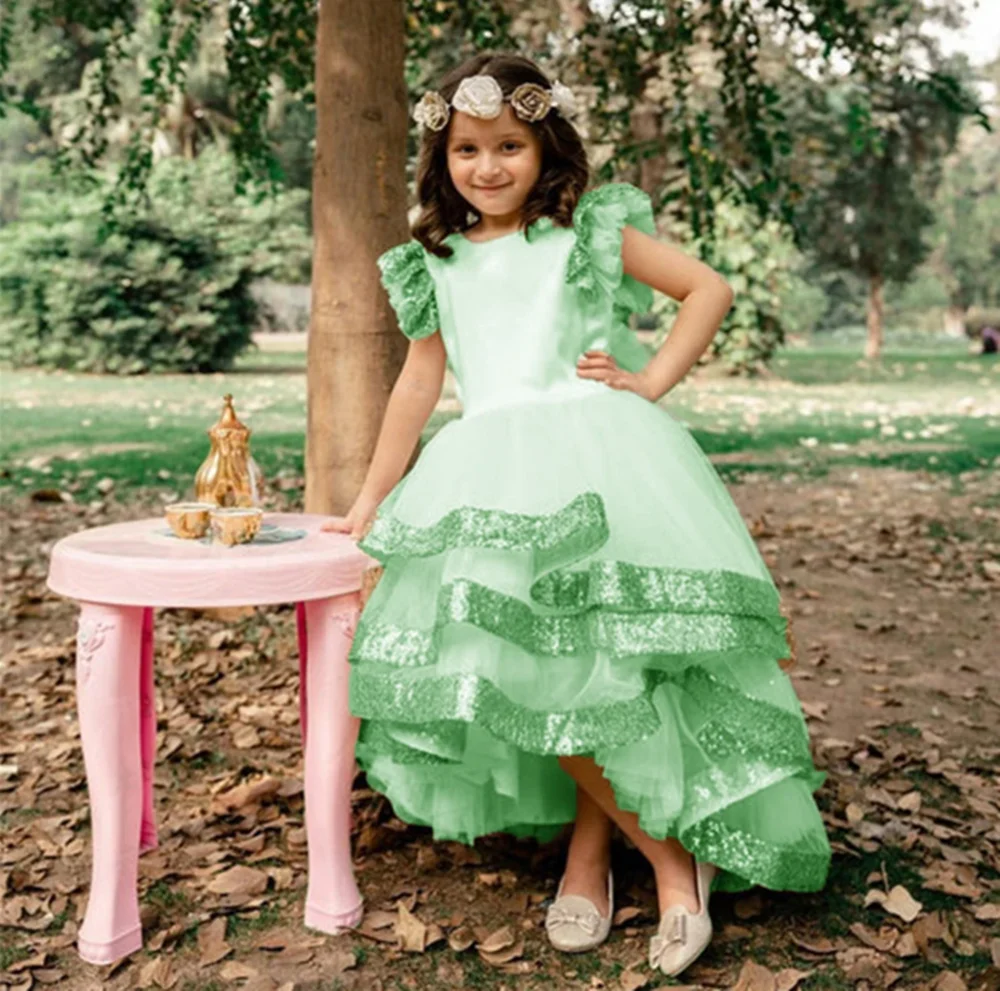 

Shiny Sequined Sequined Applique Long A Line Pleat Flower Girl Dress Ankle Length Sweep Train First Communion Gown Customized
