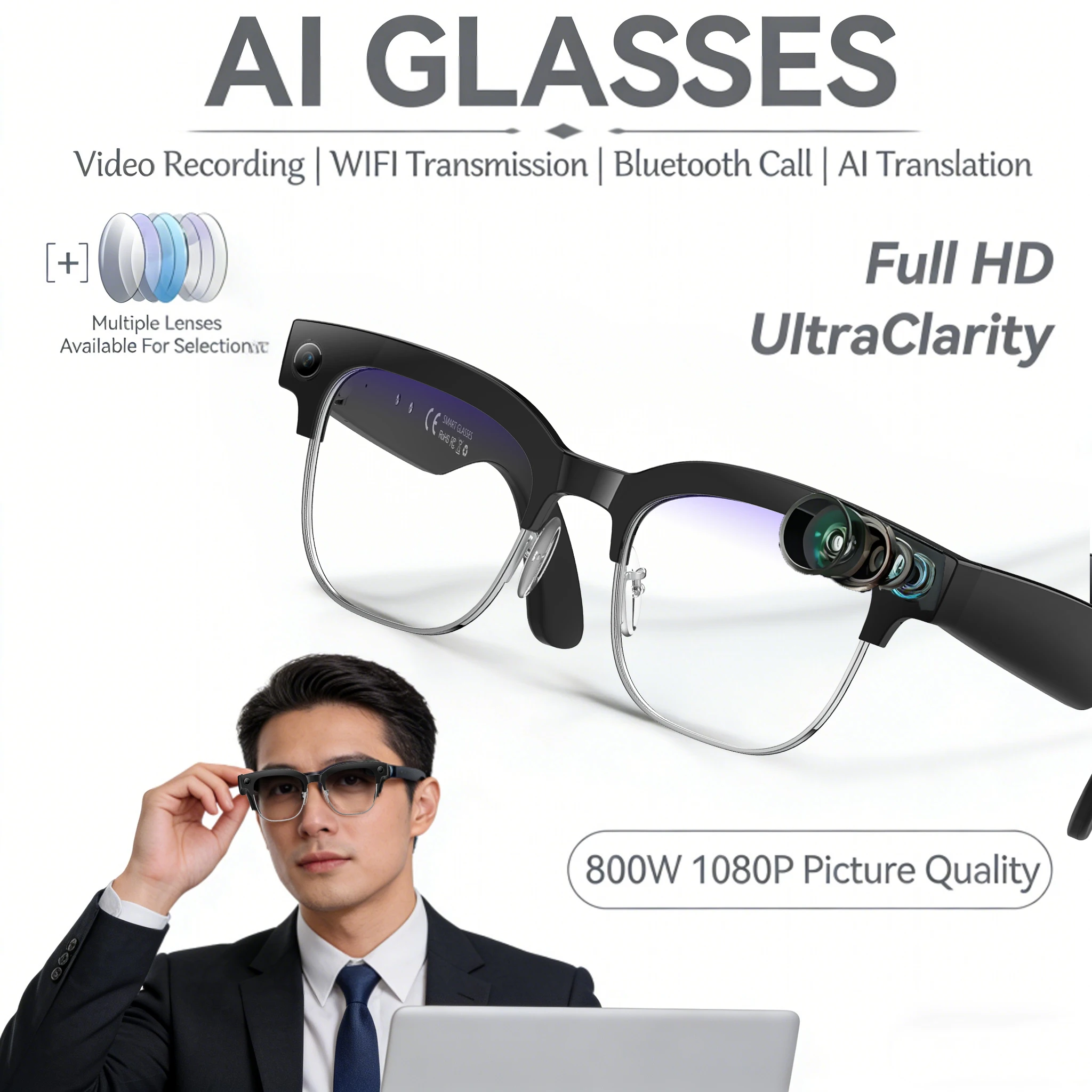 

Умные очки с искусственным интеллектом и камерой 8 м, видеозапись, солнцезащитные очки для перевода 100 языков, Bluetooth-вызов, воспроизведение музыки для мужчин и женщин 2026