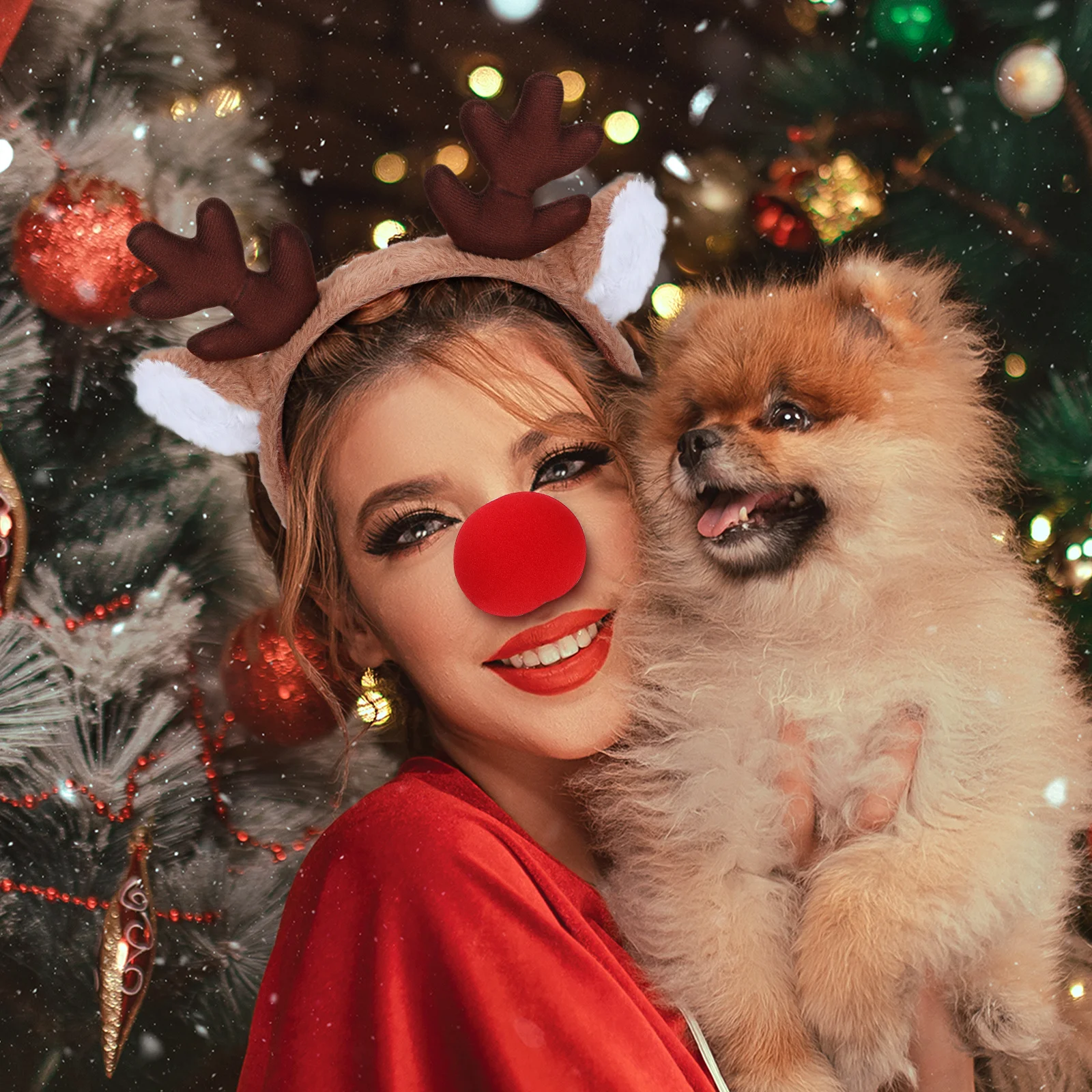 2Sets Reindeer Antler Headband and Nose Set Cute Rudolph Hair Accessory Holiday Christmas Party Decoration for Women Men