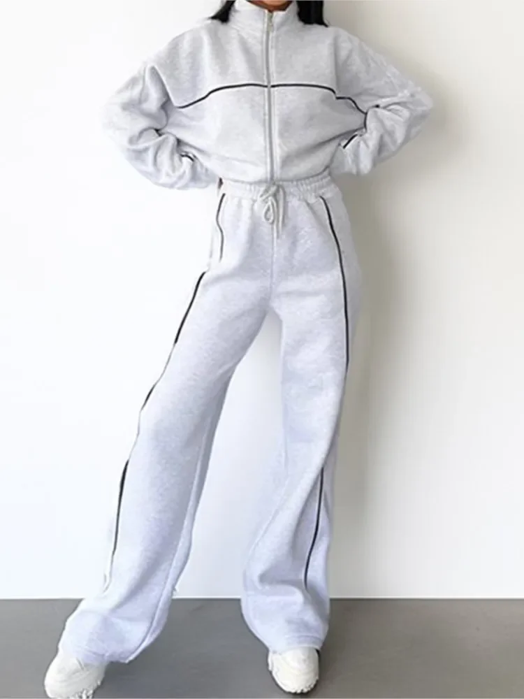 Dames casual pak mode effen kleur halfhoge kraag sweatshirt veterbroek tweedelige set dame herfst winter streetwear