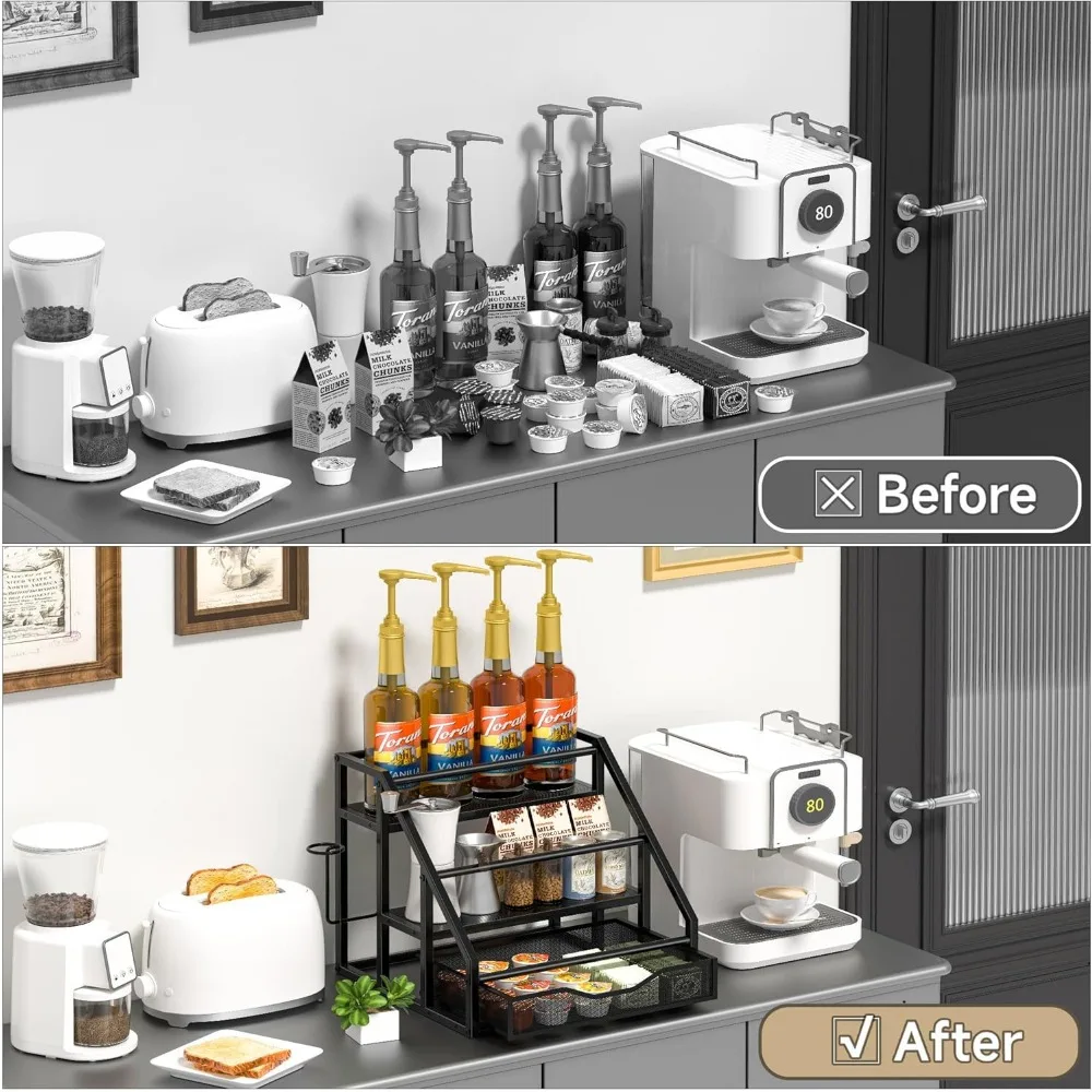 3-Tier Syrup Bottle Holder Stand, Spice Rack Organizer for Kitchen Countertop, Black